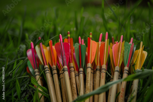 A quiver of practice arrows, their brightly colored fletchings easy to spot in the grass.