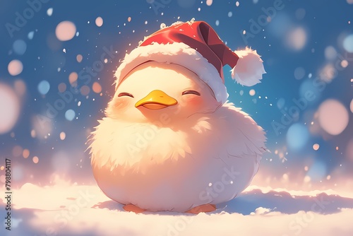 cute cartoon duck wearing christmas hat in the snow photo