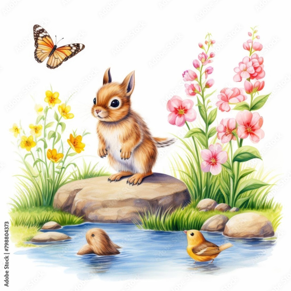 Fototapeta premium spring wildlife watercolor, animated spring wildlife watercolor