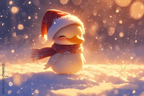 cute cartoon duck wearing christmas hat in the snow photo