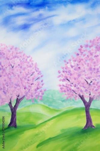 spring trees watercolor, blooming spring trees watercolor © nattapon98