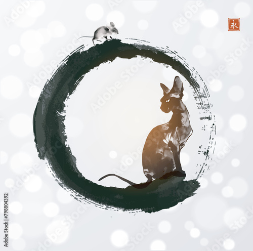 Mouse hiding from cat in black enso zen circle on white shimmering background. Traditional oriental ink painting sumi-e, u-sin, go-hua. Translation of hieroglyph - eternity.
