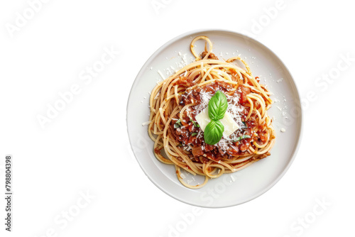 top view of a plate of spaghetti Bolognese, highlighting the rich meat sauce and garnished with Parmesan cheese and fresh basil.