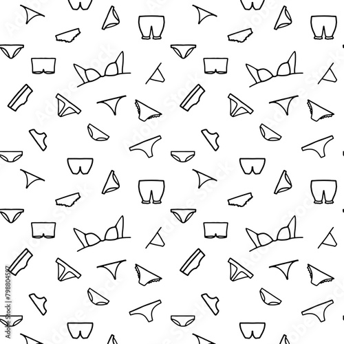 Women underwear. Seamless pattern of panties and bras. Classic, hipster, bikini, thongs, pants, boy shorts, slip, tanga brief. Cute doodle, background for packaging, wallpaper, screen