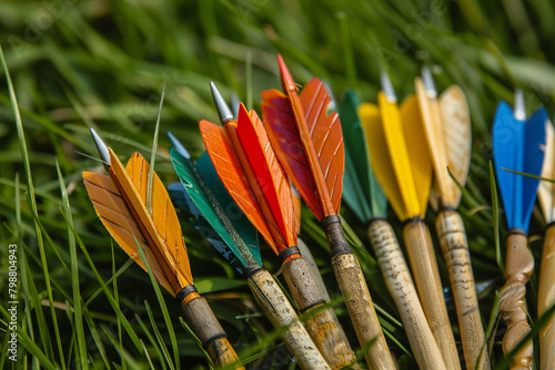 A quiver of practice arrows, their brightly colored fletchings easy to spot in the grass.