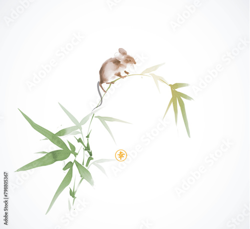 Little mouse on green bamboo branch. Traditional oriental ink painting sumi-e, u-sin, go-hua. Hieroglyph - happiness.