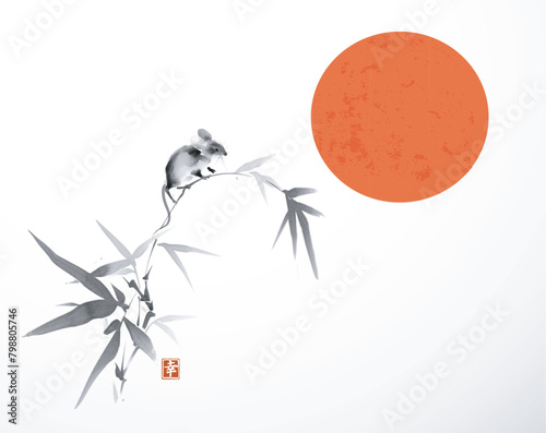 Mouse on bamboo branch and big red sun. Traditional oriental ink painting sumi-e, u-sin, go-hua. Hieroglyph - happiness.