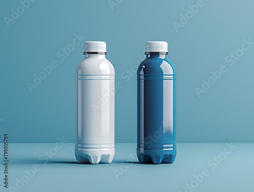 Two plastic bottles, one white and one electric blue, are placed side by side on a blue surface. The cylinders are capped with lids and may contain liquid or gas, possibly water or another fluid