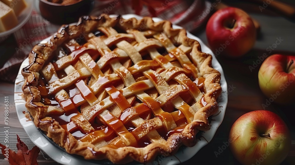 Autumn baking theme featuring apple pie garnished with lattice and caramel drizzle Autumn baking theme featuring apple pie garnished with lattice and caramel drizzle