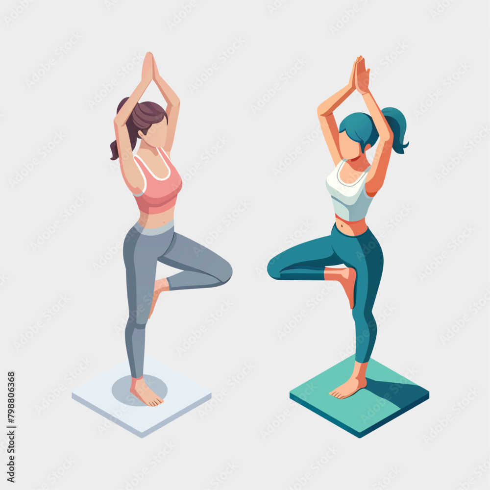 Isometric two women doing yoga in tree poses isolated on white background, 3d vector illustration.