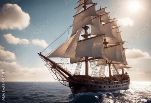 'render 3d tall sunny depicting sea ship day nautical ocean sail sailing boat transportation antique vessel vintage historic history schooner rigging mast travel three-dimensional'