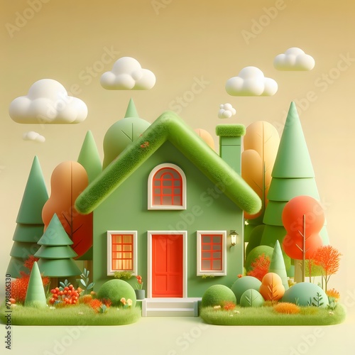 Fairytale cartoon world with cozy house and colorful garden on a hot summer day. 3D illustration. © Pichet