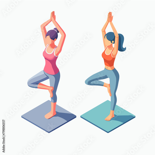 Isometric two women doing yoga in tree poses isolated on white background, 3d vector illustration.
