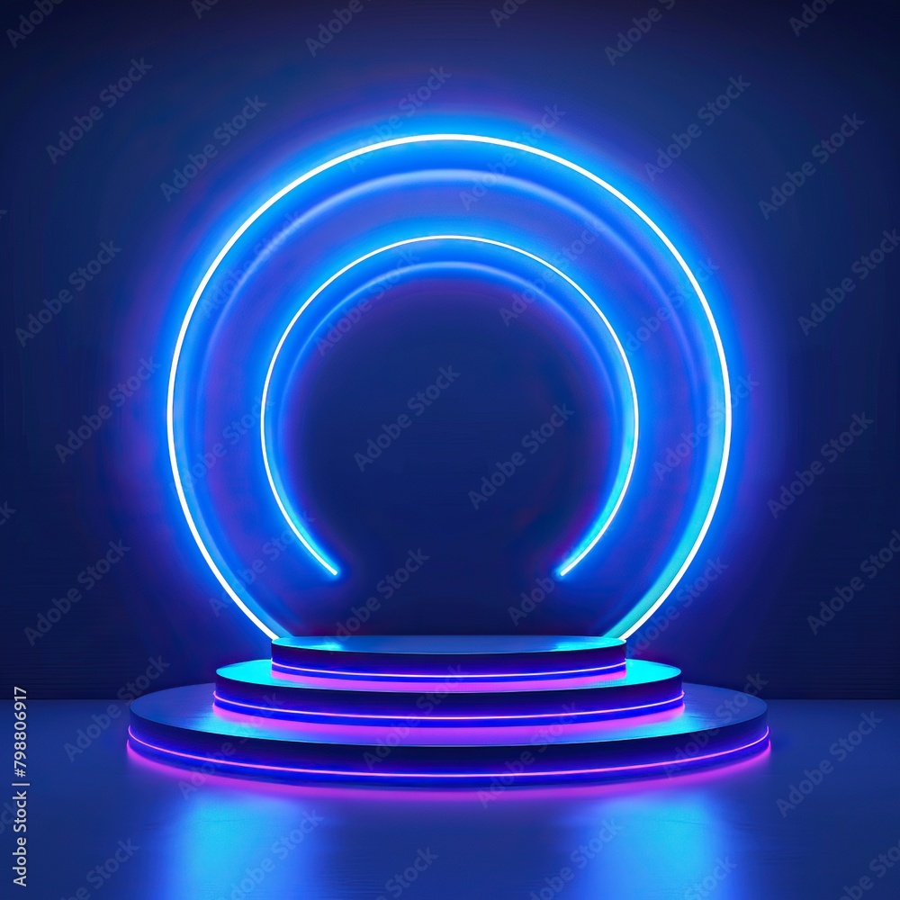 Blue and purple neon glowing circle and podium, stage for product presentation. Blue and purple neon glowing circle and podium, stage for product presentation.