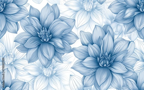 Symmetrical pattern of electric blue and white flowers on a white background