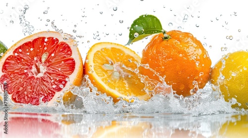 A variety of citrus fruits  including grapefruit  orange  and lemon  are arranged in a row. Water is splashing around the fruit.