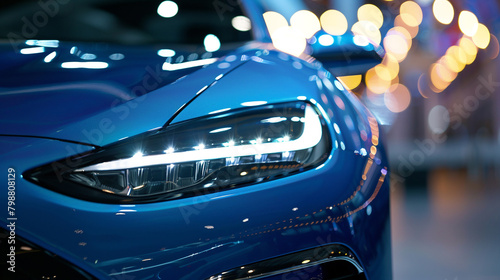 Glowing at night, the blue car shines with headlights piercing the darkness. AI.