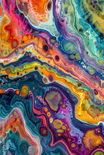 Textured surface of an acrylic pour painting, featuring colorful layers and fluid patterns. Acrylic pour painting textures offer a vibrant and artistic backdrop, © grey