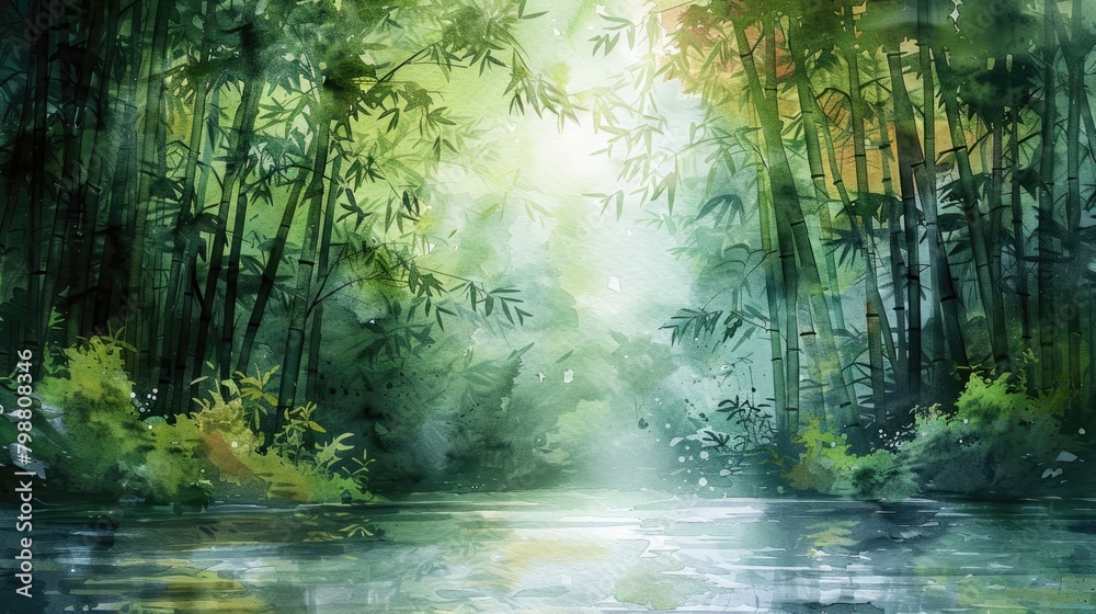 A beautiful watercolor painting of a bamboo forest with a river running through it. The sun is shining through the trees and there is a feeling of peace and tranquility.
