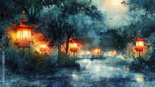 A beautiful watercolor painting of a park with a bridge over a river and paper lanterns.