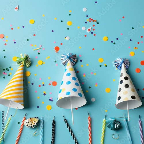 celebration photo Birthday party with party horns, colorful confetti, ice cream candles, cocktail umbrellas on a bright blue background