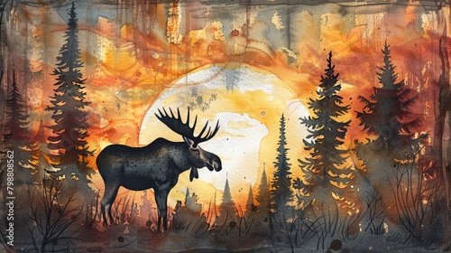 A painting of a moose standing in a forest at sunset