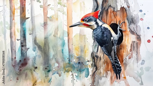 A Pileated Woodpecker in watercolor. photo