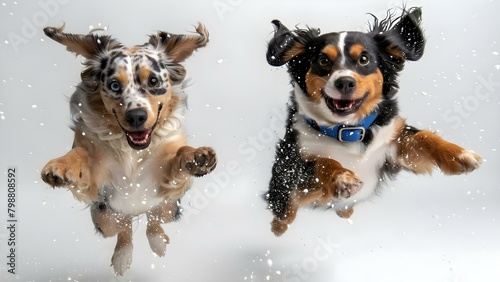 Two Ragamuffin dogs happily playing on a white background in a photo. Concept Pet Photography, Dog Portraits, Playful Poses, White Background, Ragamuffin Dogs