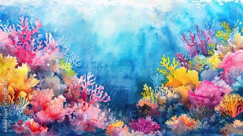 A watercolor painting of a coral reef with a blue background.