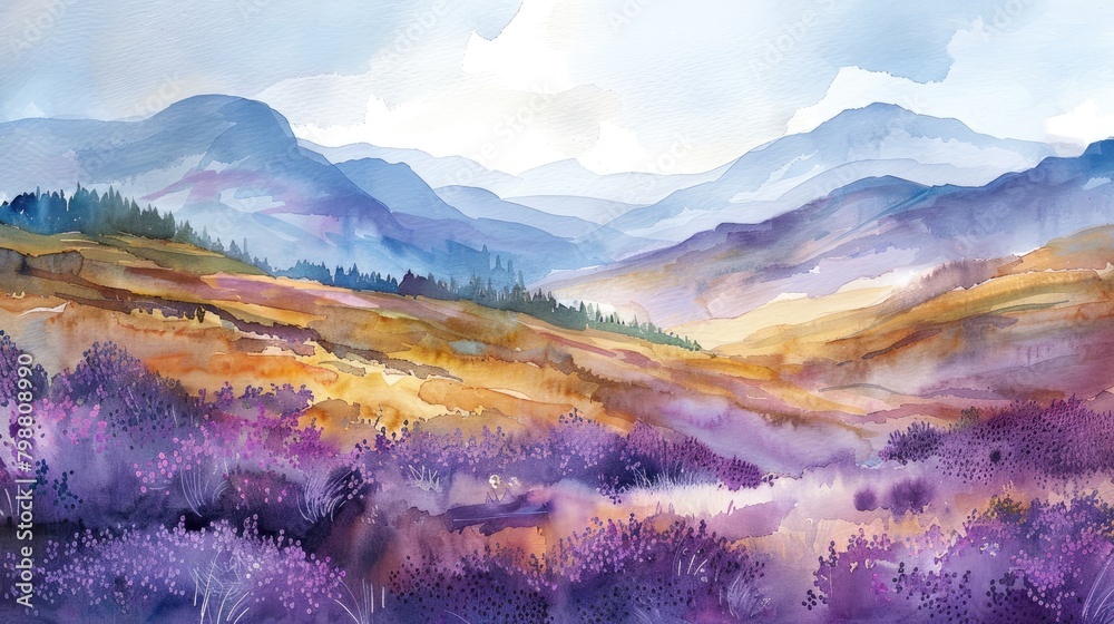 A watercolor painting of a mountain landscape with purple flowers in the foreground.