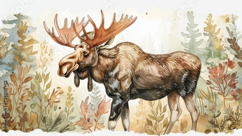 A watercolor painting of a moose standing in a field of flowers and plants photo