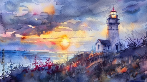 A watercolor painting of a lighthouse at sunset.