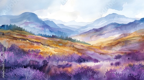 Fototapeta Naklejka Na Ścianę i Meble -  A watercolor painting of a mountain landscape with purple flowers in the foreground.