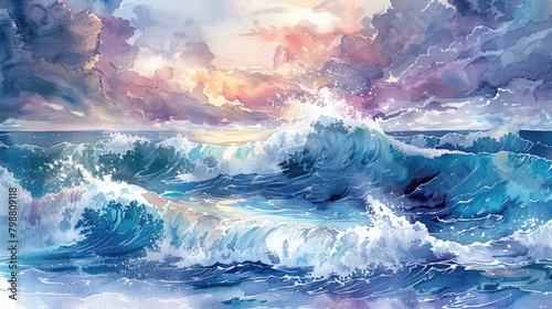A watercolor painting of a stormy sea with large, crashing waves. The sky is a stormy pink and blue.