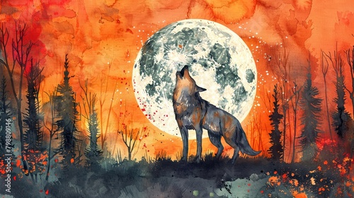 A watercolor painting of a wolf howling at the moon. The background is a deep orange. The wolf is black with gray and brown fur. The moon is a light gray.