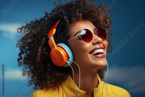 Young happy girl wearing headhones and enjoying music with eyes closed, isolated on blue background photo