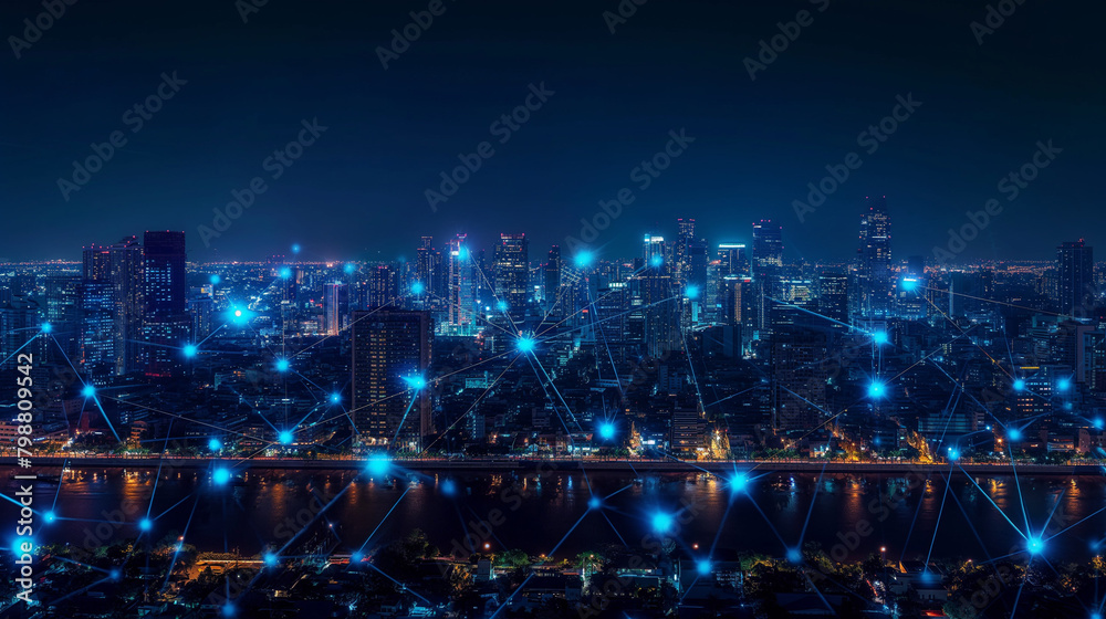 Panorama aerial view in the cityscape skyline with smart services and icons, internet of things, networks and augmented reality concept , night scene .