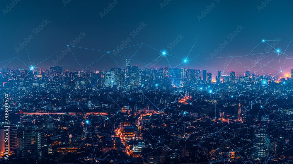Fototapeta premium Panorama aerial view in the cityscape skyline with smart services and icons, internet of things, networks and augmented reality concept , night scene .