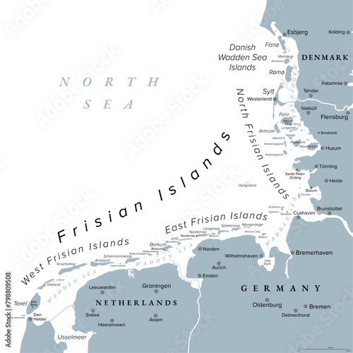 Frisian Islands, gray political map. Wadden Sea Islands, archipelago at North Sea in Europe, stretching from Netherlands through Germany to Denmark. The islands shield the Wadden Sea mudflat region.