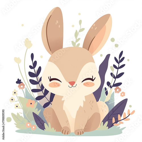 Cute  cartoon rabbit in the clearing, isolated on white background. Character design, sticker. Cool animal concept. Easter Bunny.