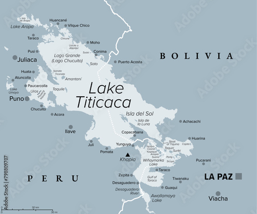 Lake Titicaca, gray political map. Large freshwater lake in the Andes mountains on the border of Bolivia and Peru. Often called highest navigable lake in the World, and largest lake in South America.