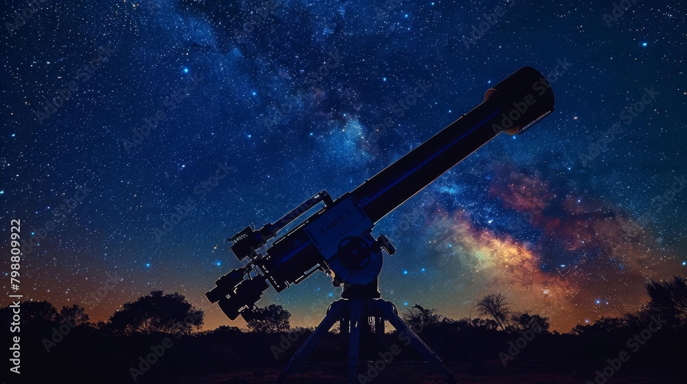 Dramatic image of a large telescope silhouetted against a starfilled night sky, capturing galaxies and nebulae in deep space, ideal for astronomy publications