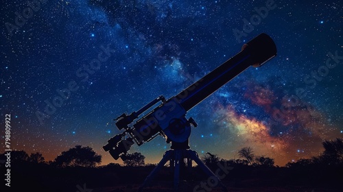 Dramatic image of a large telescope silhouetted against a starfilled night sky, capturing galaxies and nebulae in deep space, ideal for astronomy publications