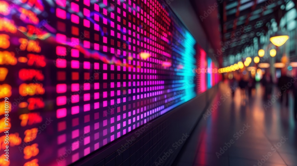 Dynamic image of colorful stock market graphs and charts on a digital wall
