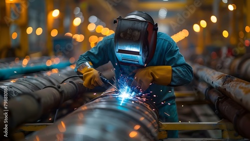 A manual worker welder in a metallurgy factory working on heavy stoves. Concept Welder  Metallurgy Factory  Manual Worker  Heavy Stoves  Industrial Environment