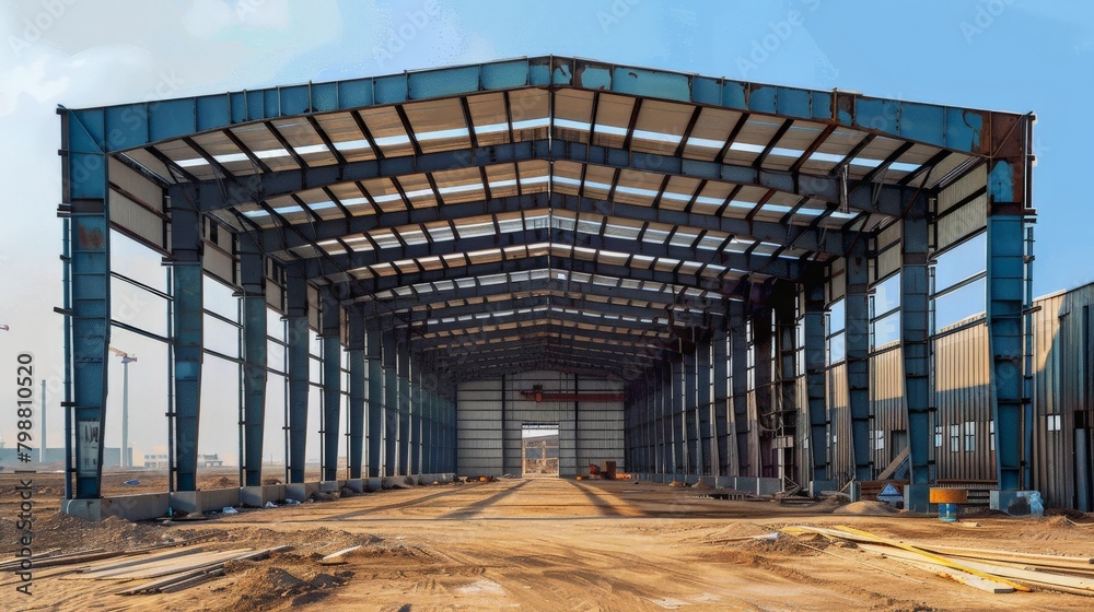 steel frame workshop is under construction Empty steel structure of building.Vast Steel Skeleton of an Industrial Workshop Under the Vivid Blue Sky. steel frame workshop is under construction Empty steel structure of building.Vast Steel Skeleton of an Industrial Workshop Under the Vivid Blue Sky.