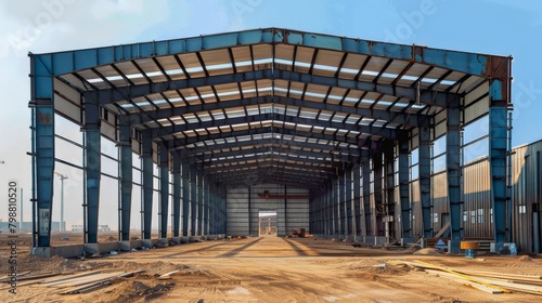 steel frame workshop is under construction Empty steel structure of building.Vast Steel Skeleton of an Industrial Workshop Under the Vivid Blue Sky.