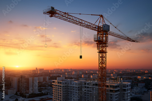 Tower crane looming over a apartment construction site at sunset, with the city skyline stretching into the horizon. Generative AI