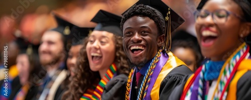 Graduates from diverse ethnicities and backgrounds celebrating together photo