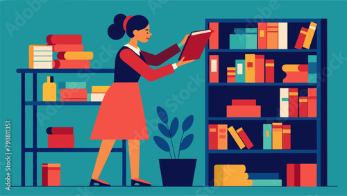 A woman meticulously organizing her bookshelves by color with intense focus and precision.. Vector illustration